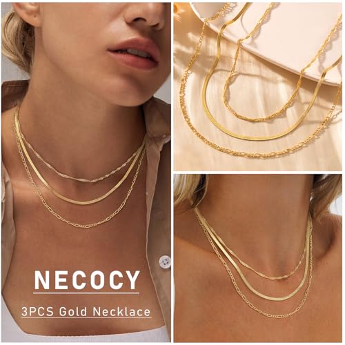 NECOCY 14K Gold Plated Layered Necklace for Women, Dainty Chain Necklace Stackable Trendy Cuban Link Rope Snake Chain Choker Simple Chunky Herringbone Necklace Stack Jewelry Set Gift for Women - style: 3PCS Layered-A