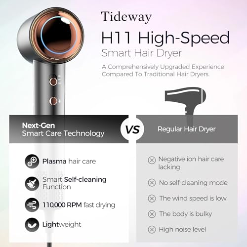 Tideway Hair Dryer Professional High-Speed Ionic Blow Dryer 110,000 RPM, Compact Hair Dryer with Magnetic Diffuser, Fast Drying with Brushless Motor Low Noise Smart Temperature Control-H11 - color: Black