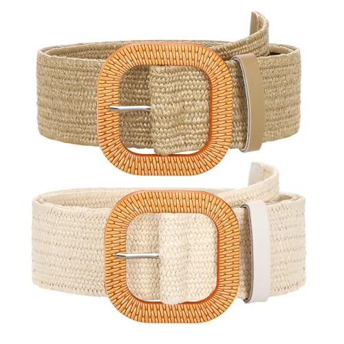 SUOSDEY 2 Pack Straw Woven Elastic Belt Braided Stretch Wide Boho Rattan Waist Belt for Women Dresses - color: 02-khaki+beige, size: Fit Waist up to 35''