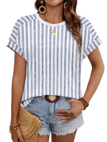 WIHOLL Womens Tops Short Sleeve Shirts Summer Outfits 2026 Spring Dressy Casual Clothes Clothing - color: Blue Stripes-2, size: Small