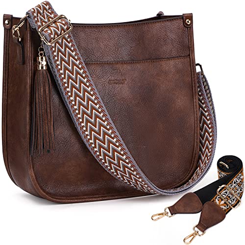 HKCLUF Crossbody Bag Purse for Women 2PCS/Set Leather Hobo Handbag Wallet Set With 2Adjustable Guitar Strap Shoulder Bag | Purse - color: 01 Light Coffee
