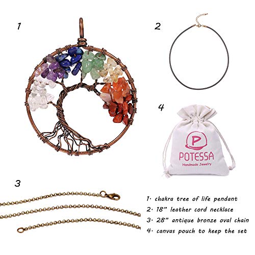 7 Chakra Gemstone Healing Crystals Necklace - Copper Wire Wrapped Natural Unisex Hippie Leather Choker - color: 5. Tree of Life