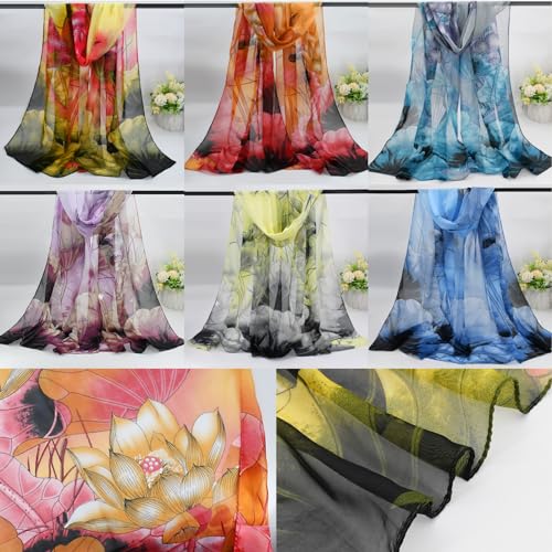 6 Pieces Scarves for Women Ladies Lightweight Silk Gorgeous Floral Pattern Lotus Print Chiffon Scarves - color: Gorgeous Floral