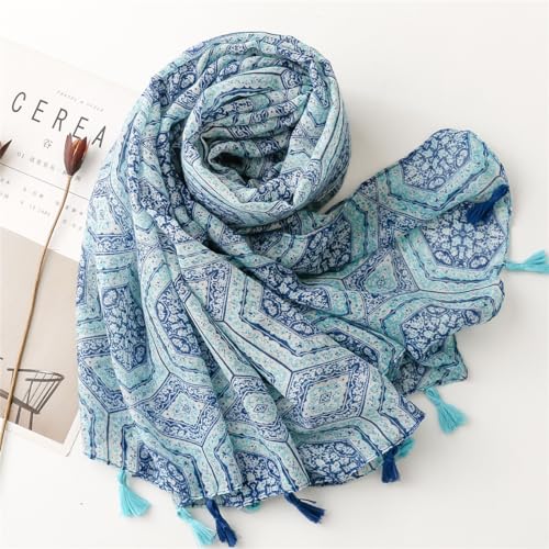 WaJuemy Travel Boho Scarf for Women Casual Lightweight Pashmina Scarves Fashion Multicolor Shawl Wraps with Fringed Beads - color: 03 Teal Floral