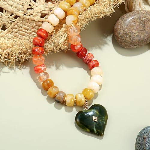 Elegance 11 designs Chunky Heart Necklace for Women, Colorful Acrylic Beaded Statement Puff Heart Necklace, Cute Boho Y2K Choker Necklace for Gift Jewelry - color: Green Heart Pendant Necklace