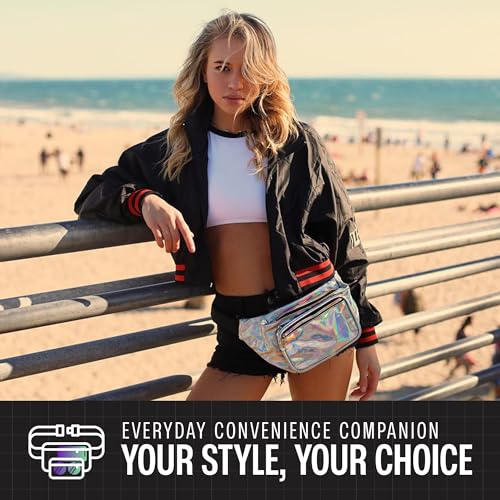 Holographic Fanny Pack Belt Bag | Waterproof Crossbody Bum Waist Pack - For Halloween, Rave, Hiking, Running, Travel (Silver) - color: Holographic - Silver