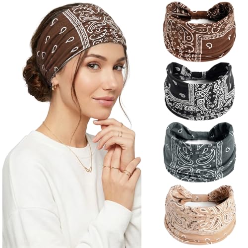 Wide Headbands for Women Non Slip Stylish Knotted Headhand Bandana Boho Head Bands African Head Wraps Yoga Workout Hair Accessories 4 Pack - color: 4 Pack Wide Headbands Style 9