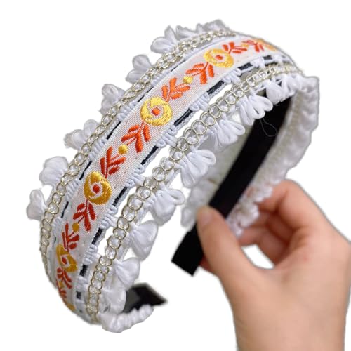 Bohemian Headband for Women-Floral Embroidered Headwrap with Lace Trim Vintage Cute Hair Band for Daily Boho Chic Style (3-White Gold, One Size) - color: 3-White Gold