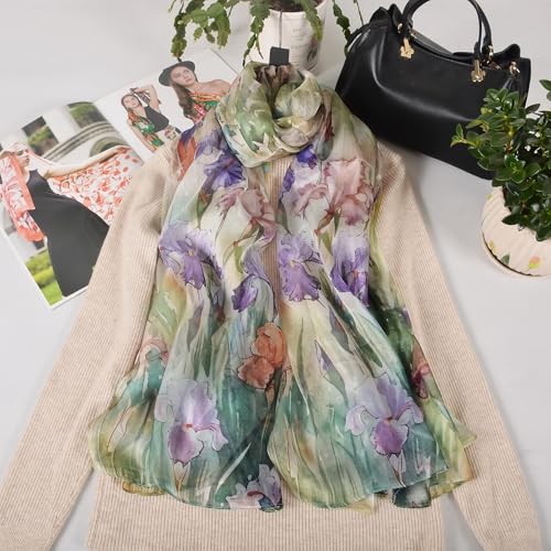100% Mulberry Silk Women's Neck Silk Scarf-Lightweight Shawl,FLoral Print Beach Silk Wrap-Scarves for Photography - color: Purple Iris