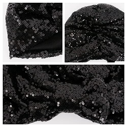 Erinaco Women Sparkle Sequin African Turban Bow Knot Pre-Tied Cap Pleated Ruffle Bonnet Beanie Hat Headwrap Skull Caps - color: Black Sequin