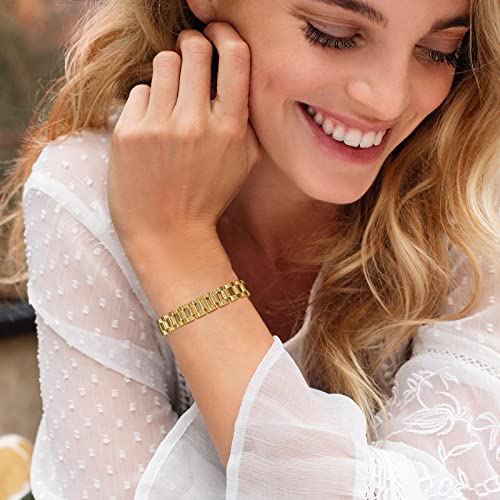 MPRAINBOW 2pcs 18K Gold Plated Chain Link Bracelet, Stainless Steel Crystal Friendship Bracelets Bangle,Watch Band Chains Wristband Jewelry with Adjust Tool - color: Gold-21cm