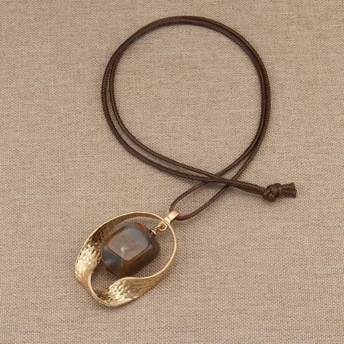 GelConnie Leather Necklaces Turquoise Long Boho Necklaces for Women Brown Chunky Circle Pendant Chocker Necklace Gold Sweater Necklace - style: Brown Leather Boho Necklace