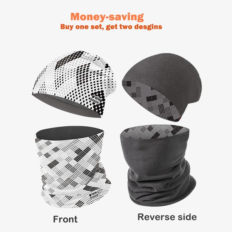 WK IEASON Winter Thermal Fleece Hat Scarf Set for Men Women Warm Windproof Cap Neck Warmer Fleece Beanie Scarf Set for Skiing - color: White/Black Dots
