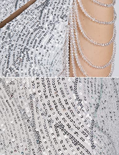 Women One Shoulder 1920s Plus Size Formal Dress Tassels Sleeve Sequins Gatsby Maxi Evening Gown - color: A-silver, size: X-Small
