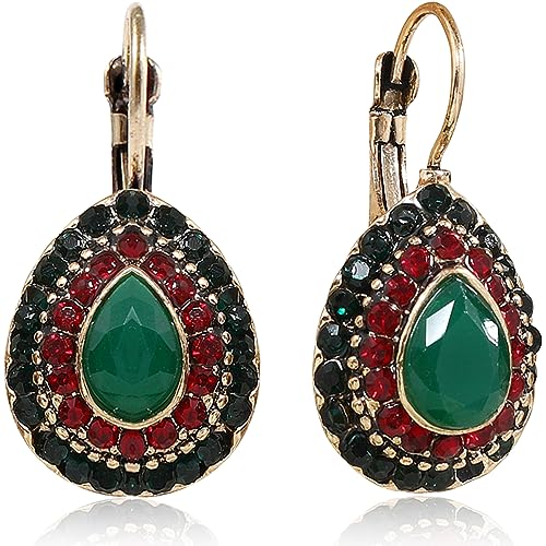 Unique Bohemian Vintage Sparkly Crystal Colorful Round Flower leverback earrings Boho Retro Bronze Circle Beaded Flower Floral Dangle Drop Earrings for Women - color: Green 8