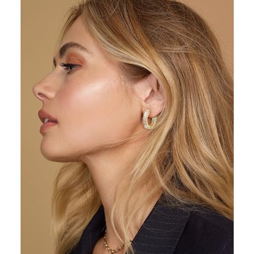 Trendy 14K Gold Plated Hoop Earrings for Women, Chunky Gold/Silver Earrings for Women Cubic Zirconia Baguette Hoop Earrings Heart Hoops Lightweight Hypoallergenic Jewelry,25mm/35mm/40mm/50mm - color: 01 Gold CZ Hoops 25mm