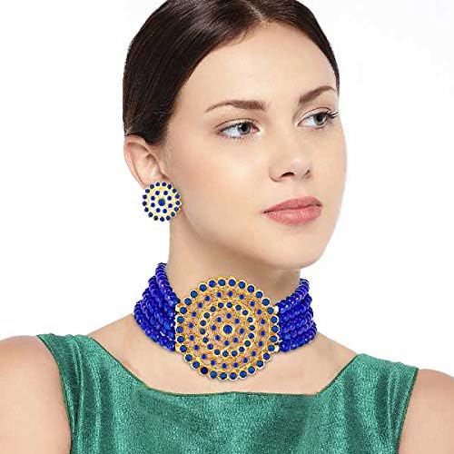 Aheli Pearl Diamond Choker Necklace & Round Earrings Gift for Women Indian Traditional Bollywood Fashion Bharatanatyam jewellery set - color: Blue