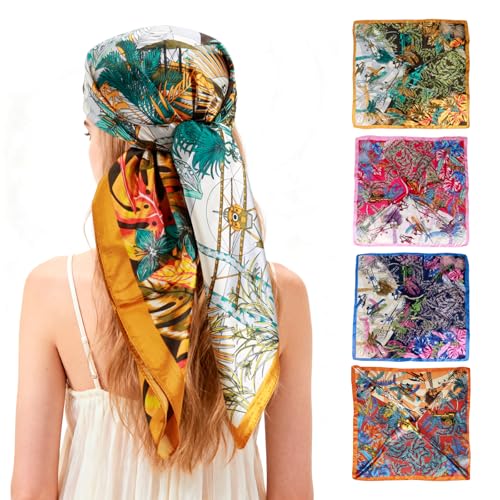 Ciormis 35" Silk Head Scarf for Women, 4 Pcs Satin Hair Scarf Square Silk Bandana Top Neck Scarves Hair Wraps for Sleeping - color: G4-fashion Animal Print-set29-new