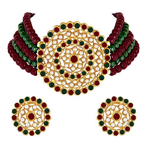 Aheli Pearl Diamond Choker Necklace & Round Earrings Gift for Women Indian Traditional Bollywood Fashion Bharatanatyam jewellery set - color: Green & Red