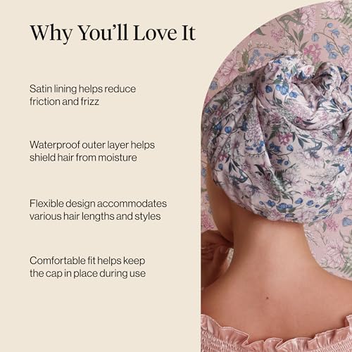 Bridgerton x Kitsch Satin-Lined Flexi Shower Caps for Women Reusable Waterproof - Large Wide Shower Cap for Women & Men, Adjustable, Stylish Hair Cap for Showers, For Long & Short Hair - Wisteria - color: Wisteria
