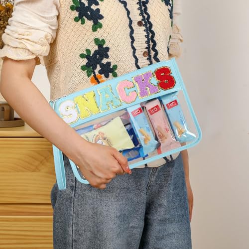 Clear Snack Bag for Travel, Chenille Letter Clear Zipper Snacks Pouch Nylon Cosmetic Bag Makeup Travel Bag for Women - color: Blue