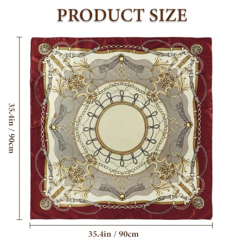 Large Square Head Scarf Bandana - 35" Satin Hair Scarf for Women Like Silk Scarf Fashion Hair Wrapping - color: Rope Crest(burgundy), size: 35IN*35IN