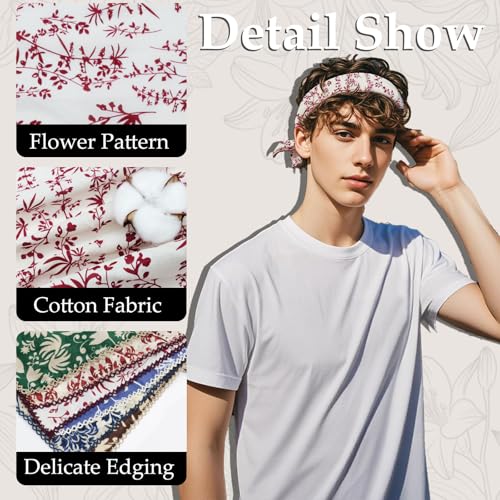 27.16'' Bandanas for Men, Cotton Mens Head Scarf with Flower Pattern Floral Hair Bandana Headband for Daily Casual - color: White Red