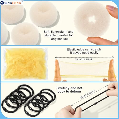 YINGFENG 134 Pcs Beige Hair Bun Maker Kit for Kids Small - 4 Hair Donuts for Buns, 20 Hair Nets for Buns, 100 U Shaped Bobby Pins, 10 Hair Bands, for Girls, Ballet Dance, Hair Accessories for Women - color: beige, size: Small