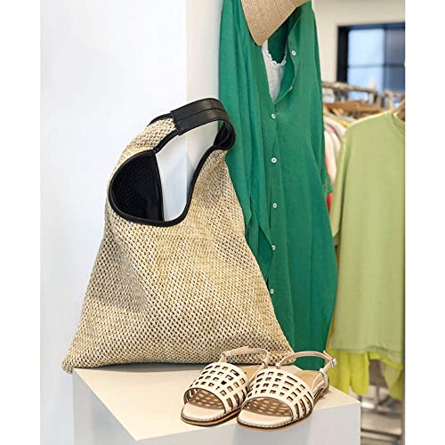 Hand-woven Straw Shoulder Bag Boho Black Leather Top Handle Tote Retro Summer Beach Bag Holiday Travel Handbag - color: Khaki