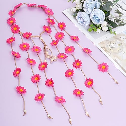 Sucrain 2pcs Flower Hippie Headband Floral Crown Summer Sunflower Hair Accessories for 70 s Bohemian Costumes Style for Women(Rose Red + Purple White) - color: Rose Red + Purple White