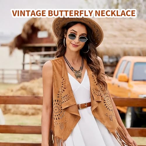 Boho Necklace for Women,Vintage Butterfly Pendant Necklaces,Adjustable Wooden Beads Layered Braided Choker,Fashion Tribal Style Leather Rope Necklace Jewelry,Chunky Statement Gift for Women - color: Black