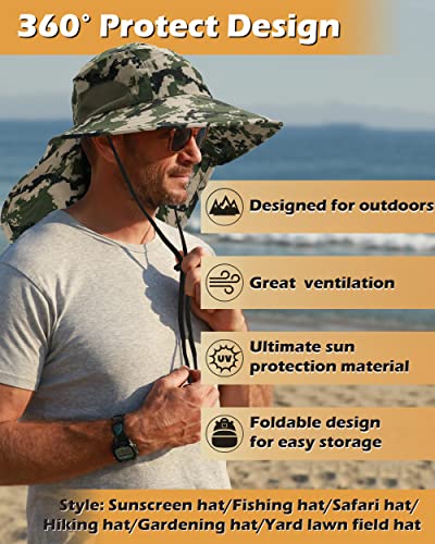 Tirrinia Wide Brim Sun Hat with Neck Flap for Men & Women, Breathable Hiking Fishing Safari Hat, Outdoor UV Protection Cap - color: Digital Camo Green