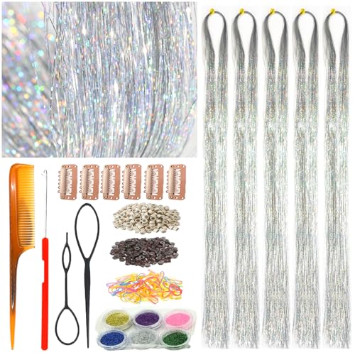Celinebella Silver Hair Tinsel, 48" 1250 Strands Classic Metallic Shimmer | Timeless silver metallic tone, universally flattering, heat resistant, great for daily wear festivals casual & formal looks - color: 17-Iridescent Silver, size: 48 Inch Pack of 5P