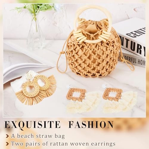 Sweetude Mini Clutch Tote Handbag 2 Pairs Rattan Earrings for Women Crossbody Bag Bohemian Woven Clutch Bucket Handbag - style: Style