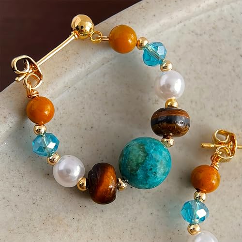 Boho Earrings for Women Natural Stone Beaded Handmade Vintage Dangle Earrings Bohemian Lightweight Hypoallergenic Jewelry for Dailywear Festival Occasions - color: Natural stone hoop