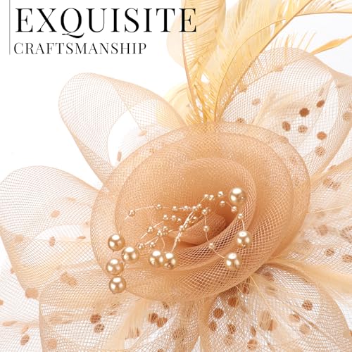 DRESHOW Fascinators Hat Flower Mesh Ribbons Feathers on a Headband and a Clip Tea Party Headwear for Girls and Women - color: 7" Diameter / Gold
