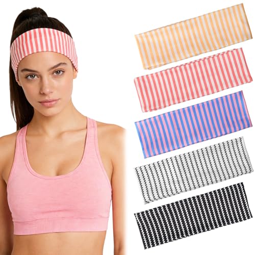 BLMHTWO 5PCS Striped Headbands for Women, Stretchy Elastic Head Bands Soft Fabric Hair Bands Wide Non Slip Head Band for Girls Work Out Yoga Fashion Running Sports