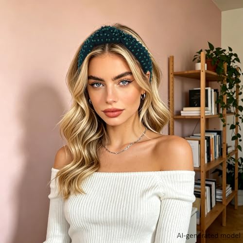 YISSION Emerald Dark Green Dense Beaded Knotted Headband for Women, Wide Padded Top Knot Headband, Non Slip Comfortable Fashion Hairband for Daily Wear, Party, Wedding - color: Dark Green
