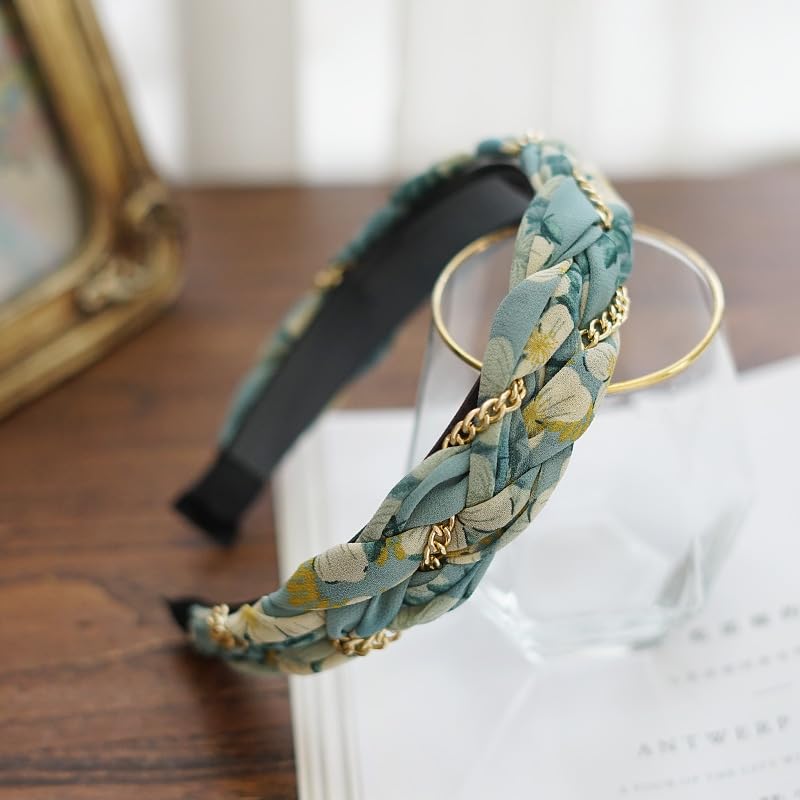 Braided Headband for Women-Vintage Fabric High Crown Headband with Non-Slip Teeth, Cute Boho Knotted Hair Band for Women & Teens (18-Pink Green, One Size) - color: 18-Pink Green