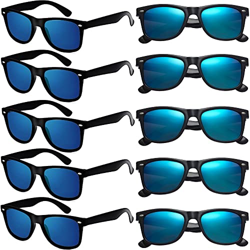 Eyegla Sunglasses Bulk Party Sunglasses Pack 80s Shades Eyewear Set for Men Women 8/10/20/30Pack - color: Black Frame+blue Mirror Lens 10 Pack