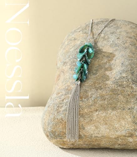 Noessla Boho Long Pendant Necklaces for Women Silver Tassel Long Necklace Sweater Chain Mothers Day Gifts Silver Costume Jewelry for Women - color: 81-Turquoise