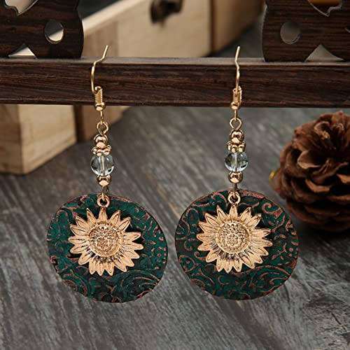 Boho Teardrop Earrings, Handmade Copper Bohemian Earrings, Dangle Antique Ethnic Jewelry for Women - color: Sunflower