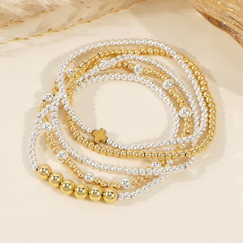 Silver Gold Beaded Bracelets for Women Stackable 14K Gold Plated Beads Ball Cross Bracelet Stack Non Tarnish Elastic Stretch Trendy Jewelry Christian Friendship Christmas Gifts for Women - color: 5pcs-Gold Cross