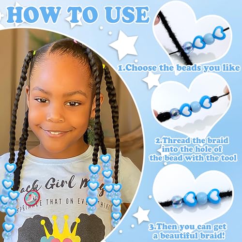 NAISKA 100PCS Blue Hair Beads Sets Heart Braids Beads 10 Styles Loc Bead Flower Round Pony Bead Loc Dreadlock Braids Accessories for Kids Girls - color: Blue