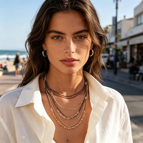 Boho Layered Necklace for Women Stacked Crystal Chain Necklace Beaded Pendant Boho Necklace Trendy Dainty Jewelry - color: Brown