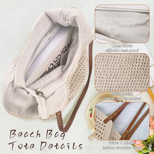 Crochet Beach Bag, Woven Tote Bag, Boho Bags for Women,Summer Purse with Zipper & Pocket - color: Beige
