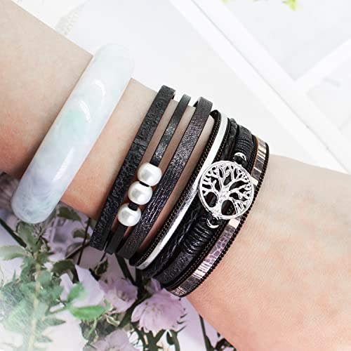 Boho Leather Wrap Bracelets Bohemian Crystal Bracelets Trendy Layered Bracelet with Magnetic Clasp Jewelry Gifts for Women - color: Black