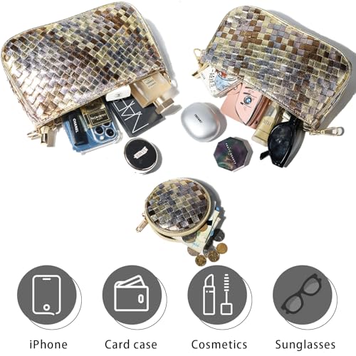 Handmade Woven Small Crossbody Bag for Women with Coin Purse, Designer Shoulder Handbag 3pcs Set, Mini Tote Clutch - color: Brown Multicolor