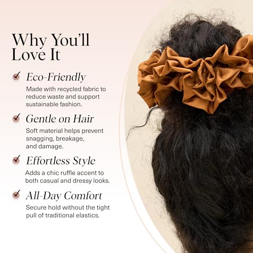 Kitsch Recycled Satin Ruffle Scrunchie – Gentle Hair Scrunchie for Women, Eco-Friendly Hair Tie No Damage, Stylish Ponytail Holder | Ideal Gifts for Women - Camel - color: Camel