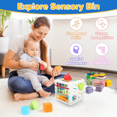 6-in-1 Baby Toys 6 to 12 Months, Montessori Toys for Babies 6-12-18 Months, Infant Teething Toy Stacking Blocks Rings Sensory Bin, Sorting Sensory Educational Learning Gift for Toddlers Aged 1-3 - size: 6 in 1